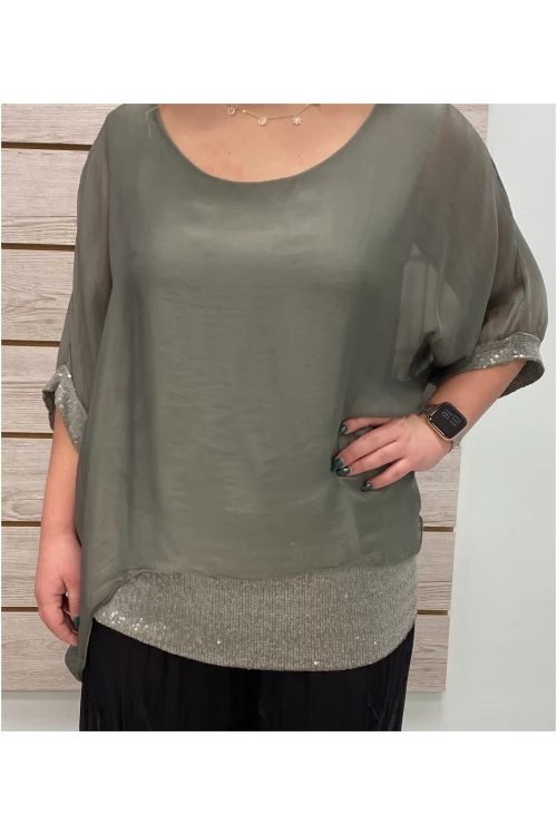 Sage Silk Sequin Layer Top