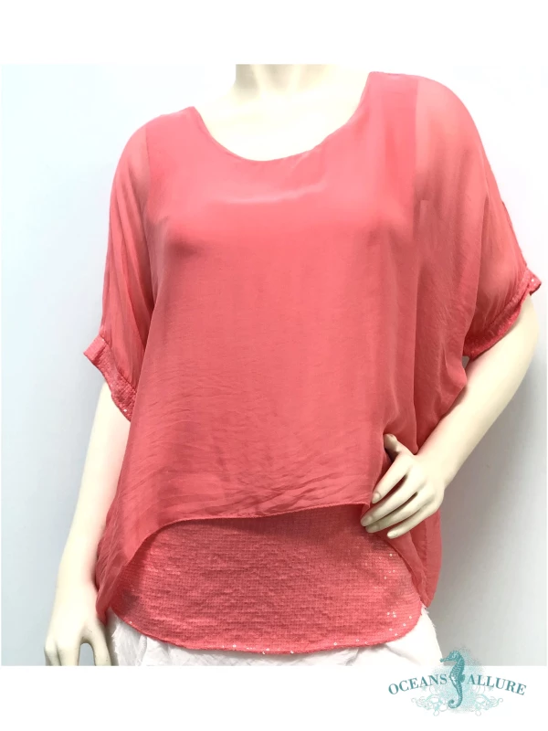 Coral Silk Sequin Layer Top