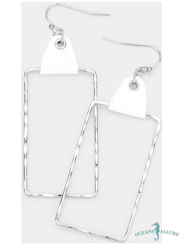 White Metal Rectangle Earrings