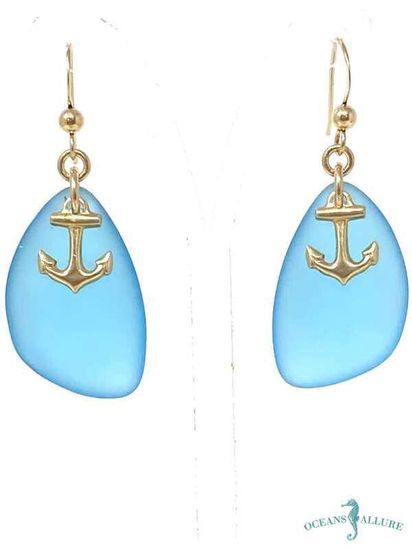 Aqua Sea Glass & GF Anchor Earrings