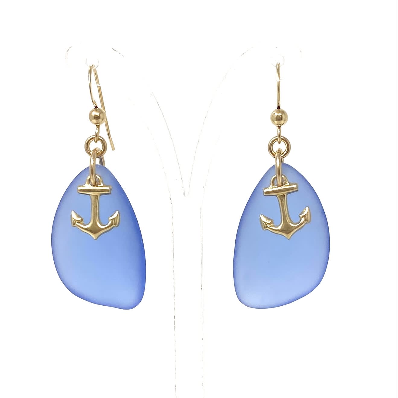 Blue Sea Glass & GF Anchor Earrings Oceans Allure