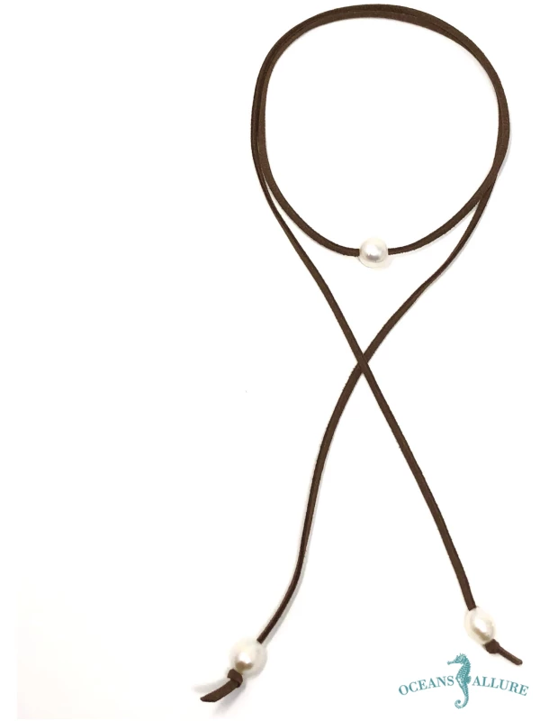FWP Choker on Chocolate Suede, Pearl Ends
