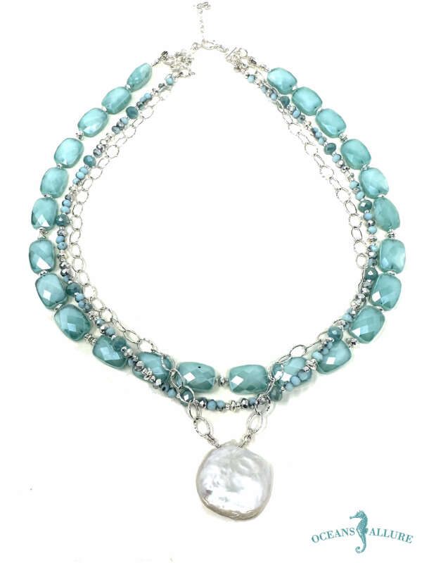 Multi Chain, Crystal & Round Keshi Necklace