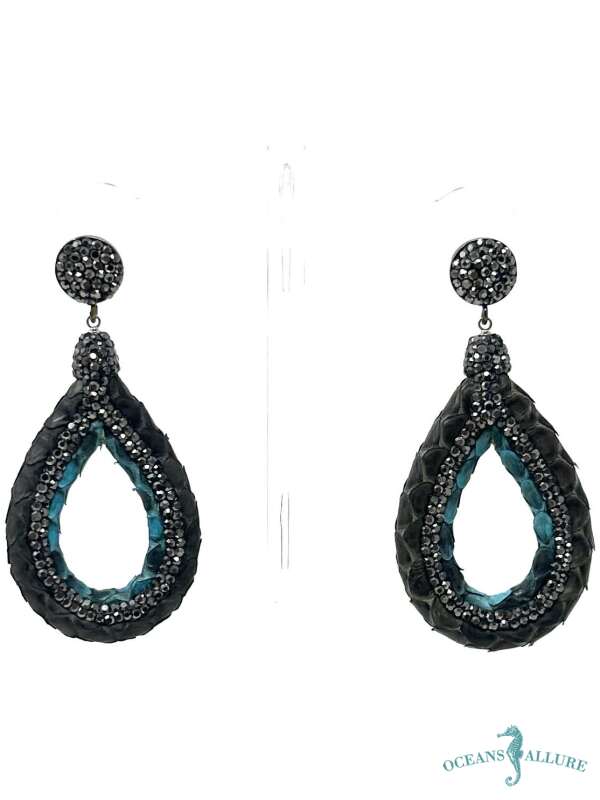 Grey/Teal Leather & Crystal Earrings