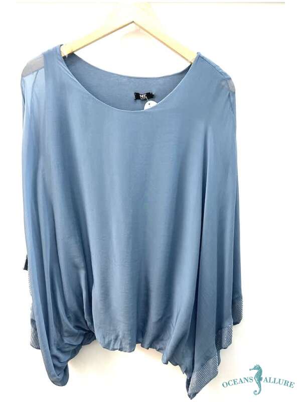 Denim Silk Balloon Hem Sequin Top