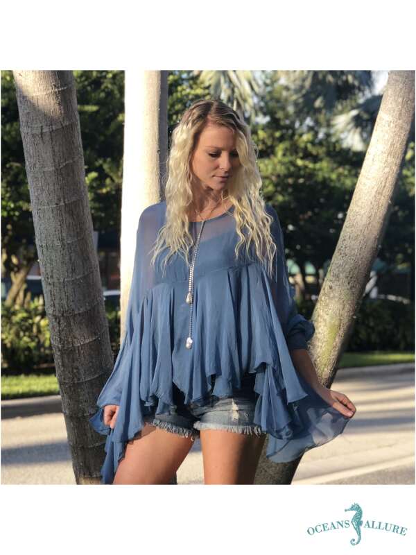 Steel Blue Boho Silk Top