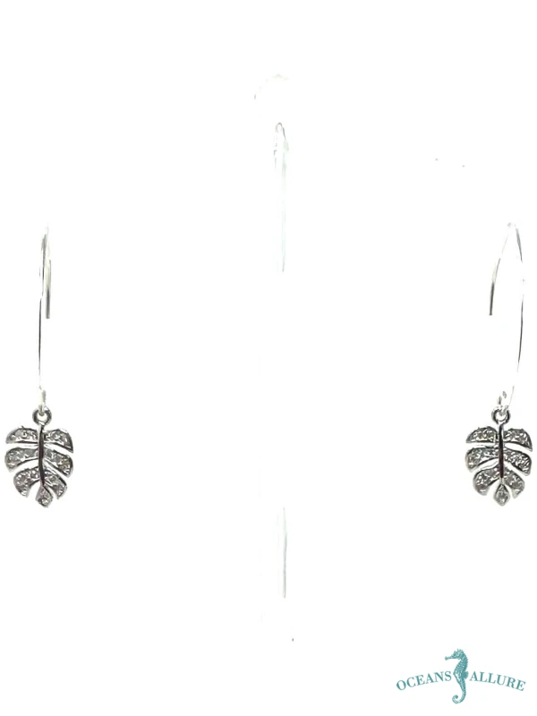 Silver CZ Monstera Hook Earrings