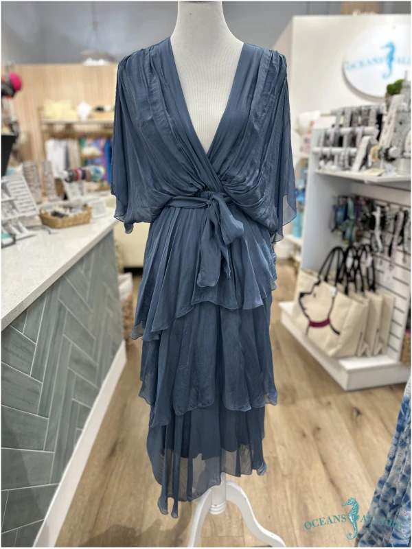 Steel Blue Midi Ruffle Dress