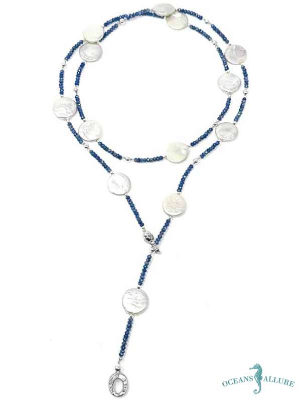 X-Large Coin Pearl & Blue Quartz Lariat