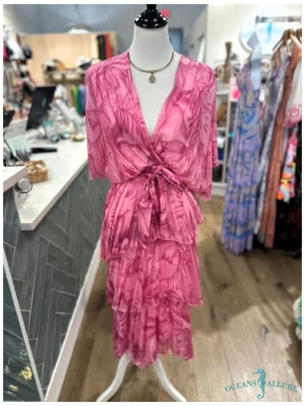 Pink Ghost Palm Silk Ruffle Midi