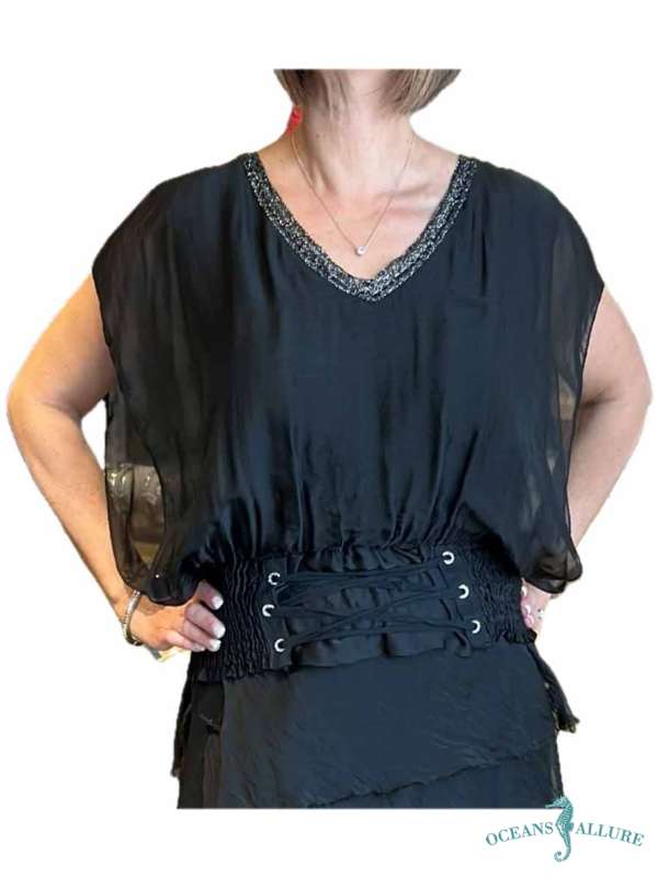 Black Fitted Waist Blouse