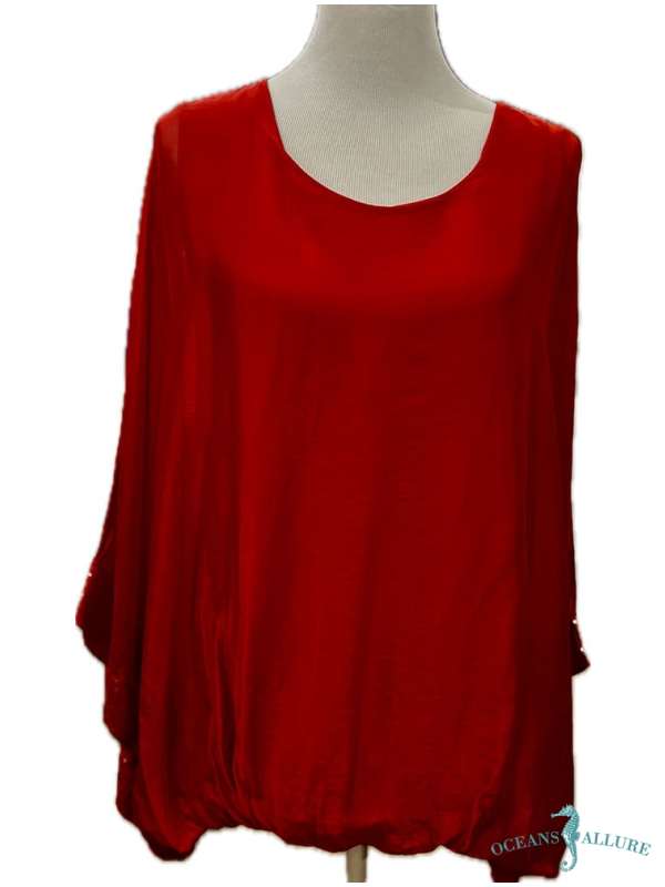 Red Silk Balloon Hem Sequin Top