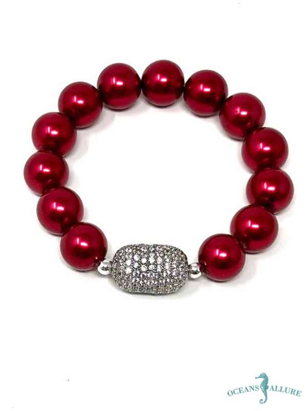 10mm Red Shell Pearl & CZ Barrel Bracelet