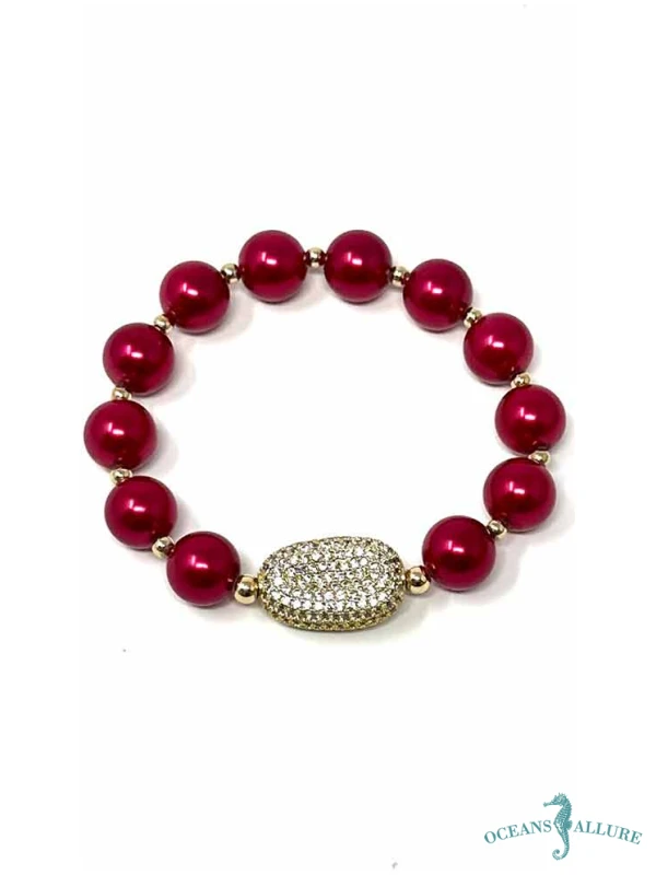 8mm Red Shell Pearl CZ Puff GF Bracelet