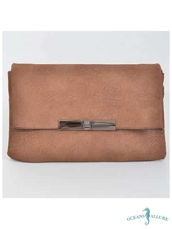 Brown Textured  Faux Suede Clutch