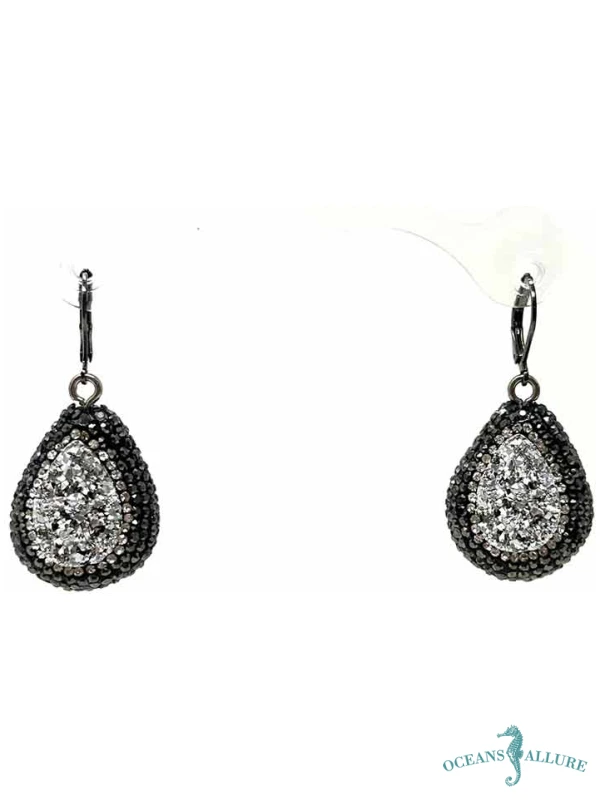 Black Crystal Silver Druzy Earrings