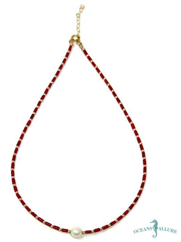 GF Red Stick Coral & FWP Necklace