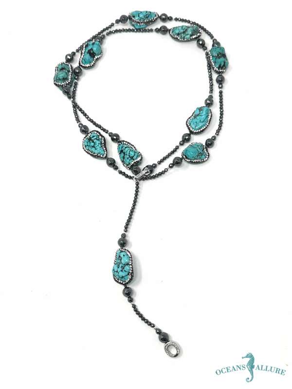 LG Pave Rhinestone Turquoise & Hematite Clasp Lariat