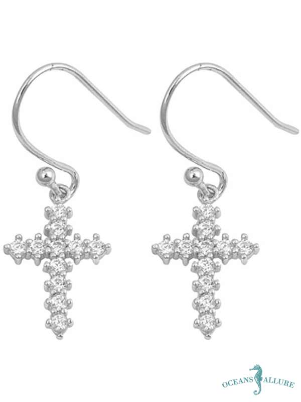 Silver CZ Cross Earrings