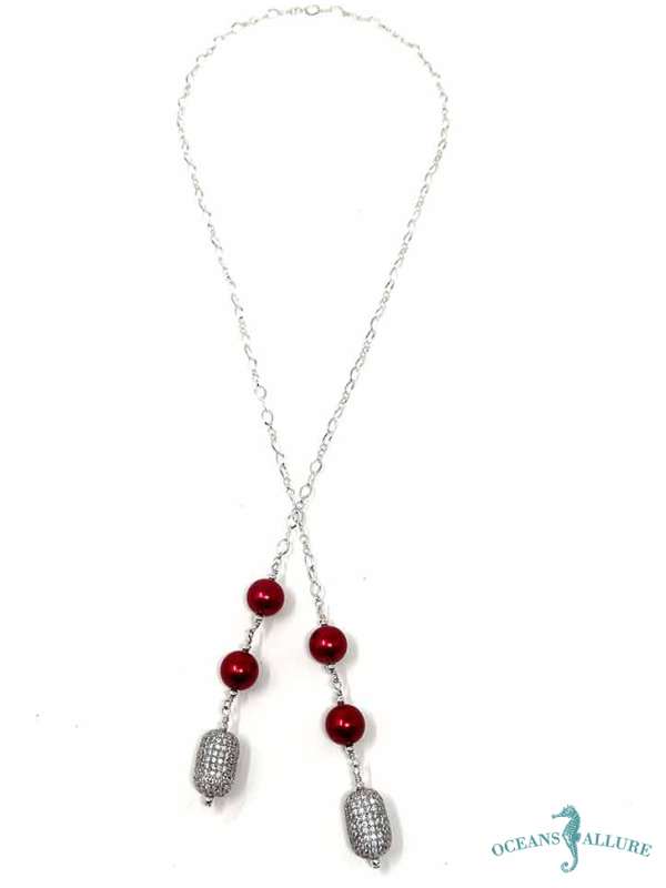 Sterling 8mm Red Shell Pearl CZ Barrel Lariat