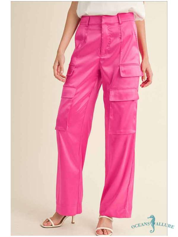 Hot Pink Satin Cargo Pants