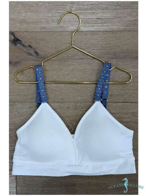 Denim Suede Silver Studs White Bra