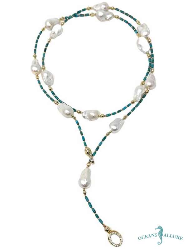 Natural Turquoise & Baroque Pearl GF Lariat