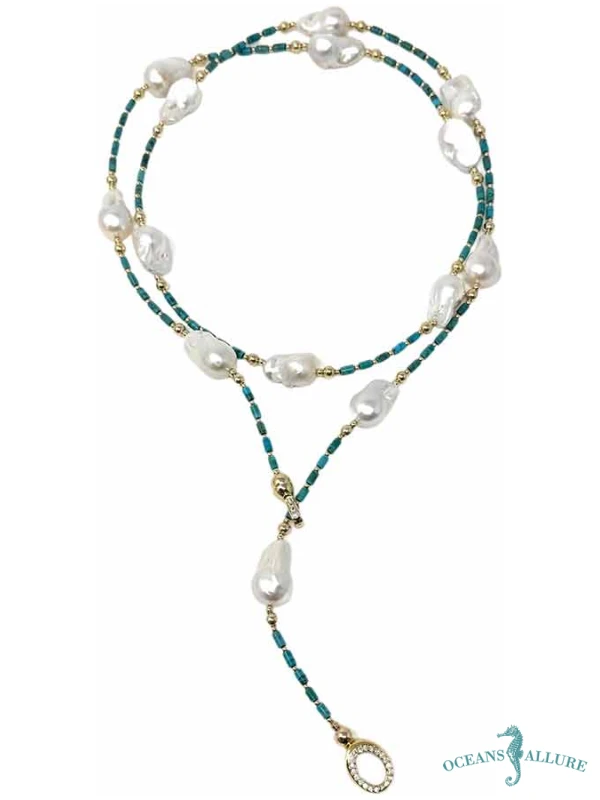 Natural Turquoise & Baroque Pearl GF Lariat