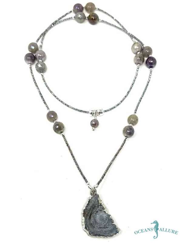 Iridiscent Crystal, Agate & Druzy Chalcedony Conv. Necklace