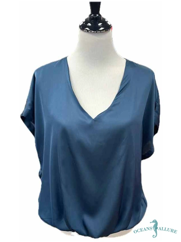 Navy Satin V-Neck Hi-Low Blouse