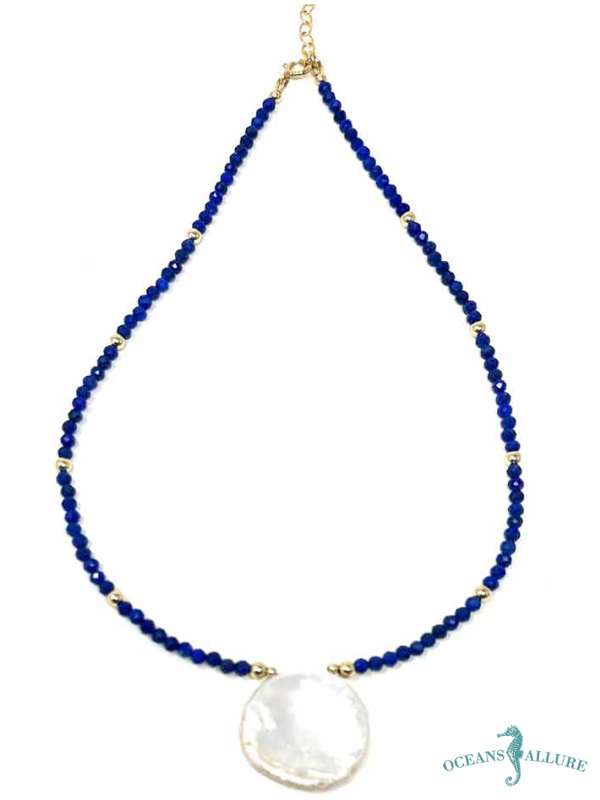 Round Keshi Petal & Lapis Necklace