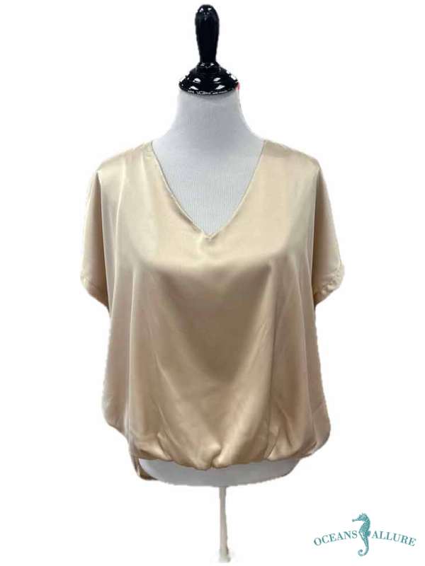Tan Satin V-Neck Hi-Low Blouse