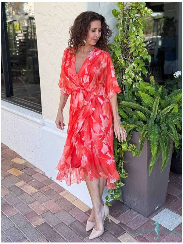 Tangerine Pastel Floral Silk Ruffle Midi