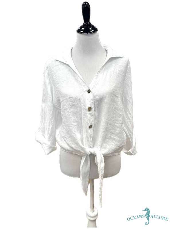 White Tie-Front Linen Blouse