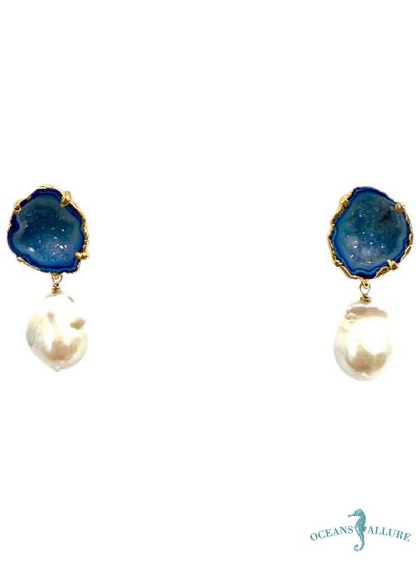 GF Cobalt Druzy Baroque Pearl Stud Earrings