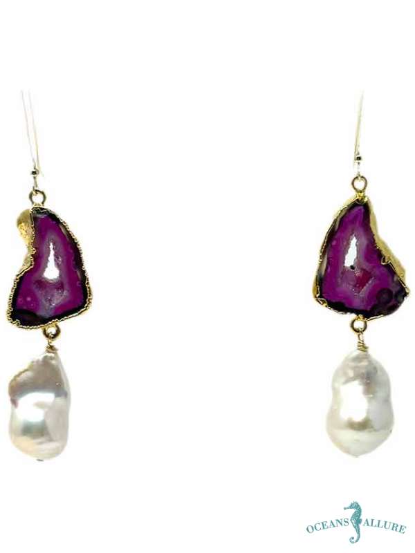 GF Fuchsia Druzy Baroque Pearl Earrings