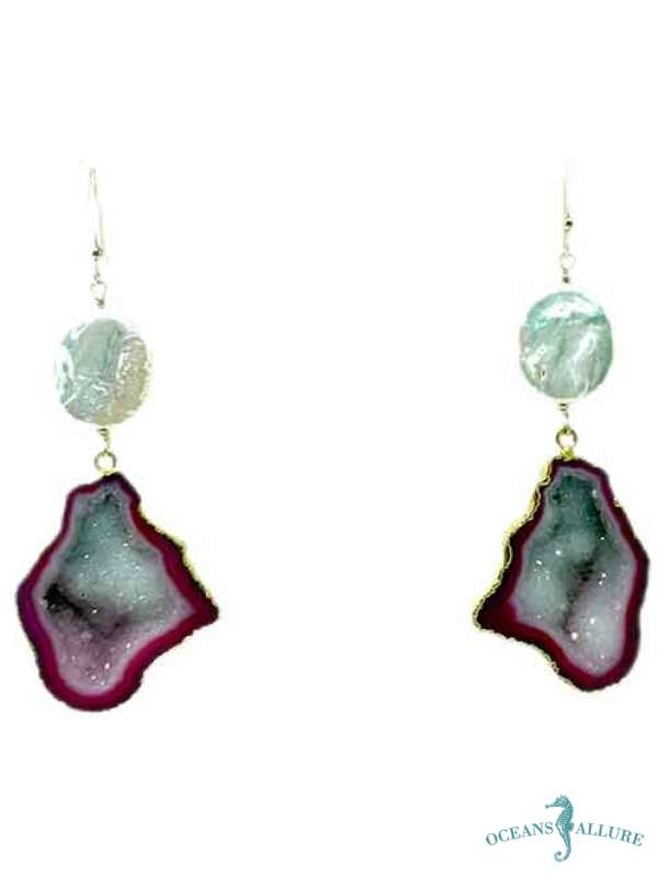 GF Fuchsia Druzy Coin Pearl Earrings