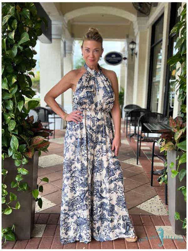 Navy Jungle Satin Halter Jumpsuit