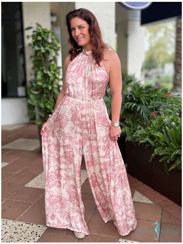 Pink Jungle Satin Halter Jumpsuit