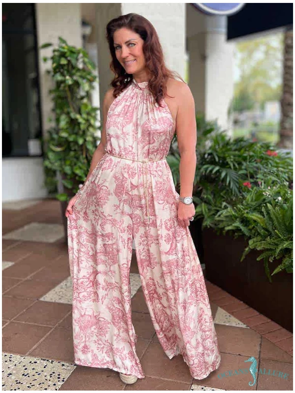 Pink Jungle Satin Halter Jumpsuit