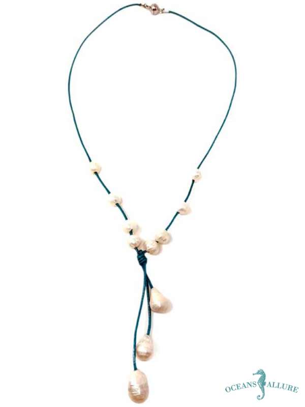 Teal Leather Pearl Drop Necklace