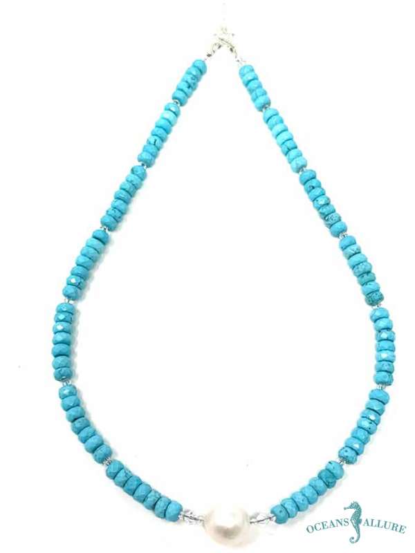 Disk Turquoise & Baroque Pearl Necklace