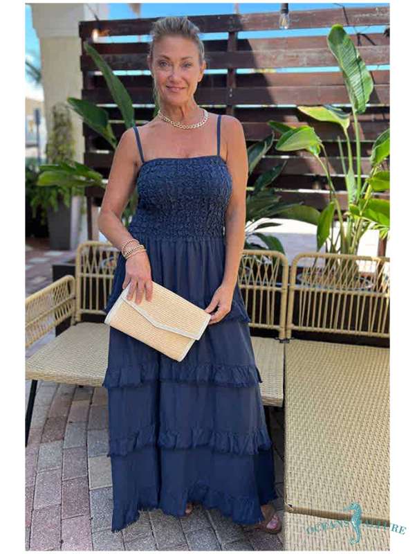 Navy Linen Ruffle Maxi
