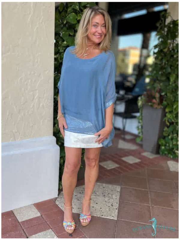 Steel Blue Silk Sequin Layer Top