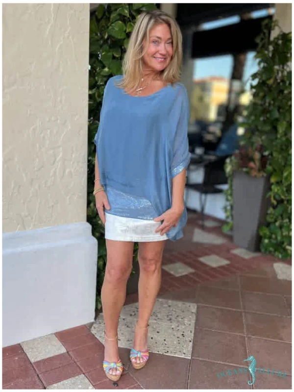 Steel Blue Silk Sequin Layer Top