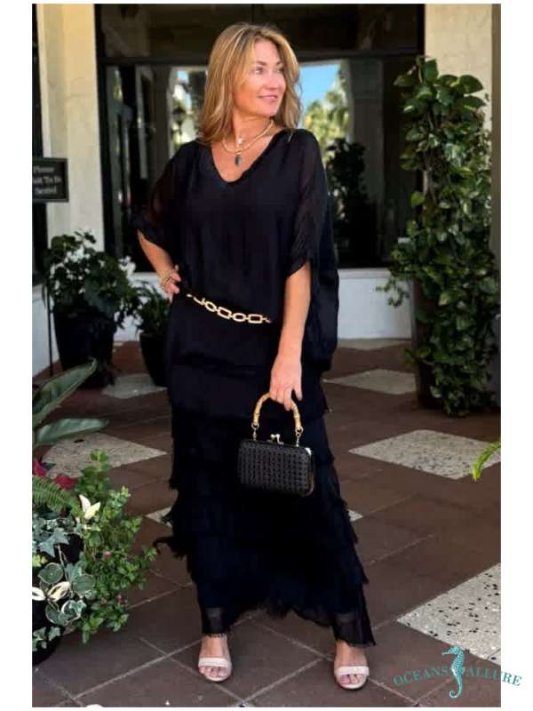 Black Double V-Neck Silk Blouse
