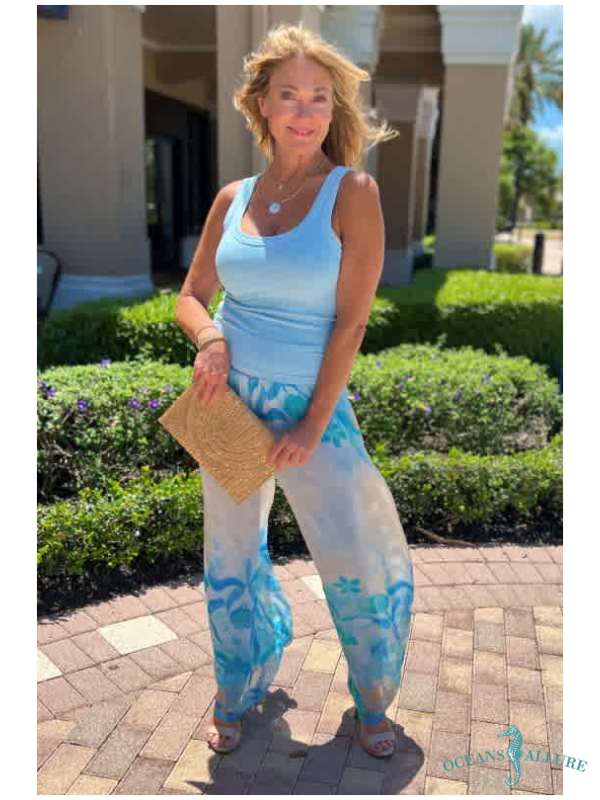 Blue Faded Floral Silk Pants
