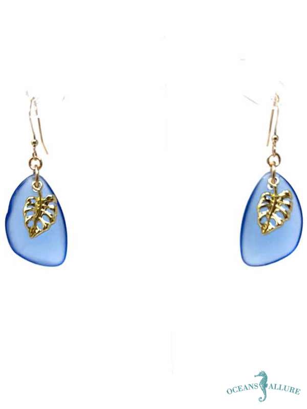 Blue Sea Glass & GF Monstera Earrings