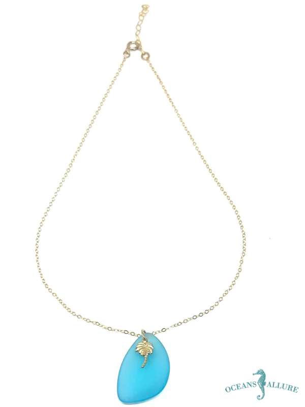 Aqua Sea Glass & GF Palm Tree Pendant
