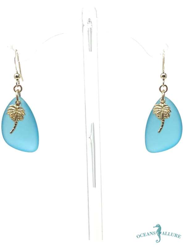 Aqua Sea Glass & GF Palm Tree Earrings